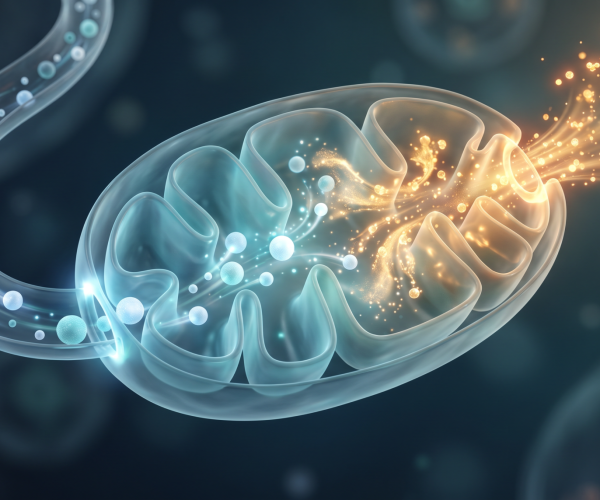 a mitochondrion with fat droplets flowing in on the cool blue side and transforming into a warm glowing energy release on the right